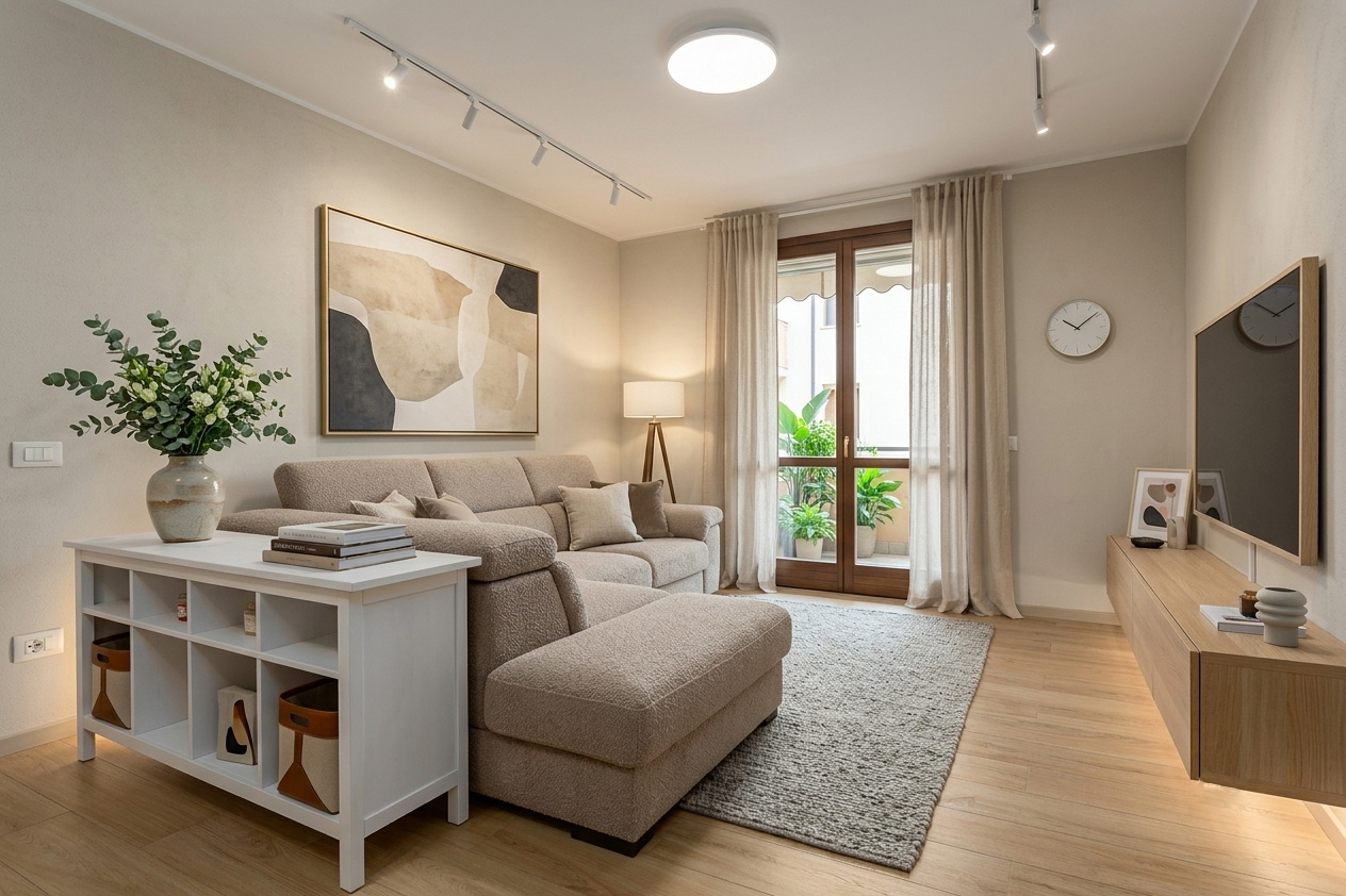 fotografia di una sala elegante con inquadratura sul divano realizzata per progetto di valorizzazione immobiliare