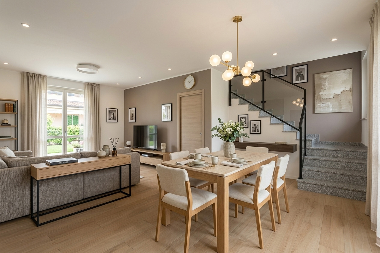 fotografia di una sala da pranzo moderna realizzata per promozione immobiliare